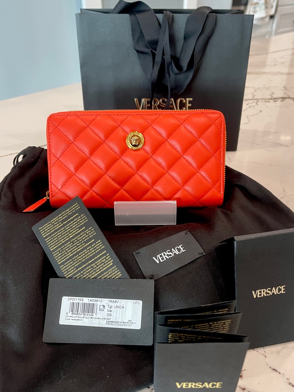 Versace Leather Quilted ZipAround Wallet Coral/Gold Medusa NWT/DustBag/Gift Bag